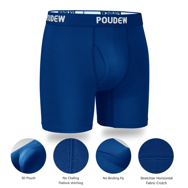 POUDEW Men's Breathable Viscose Moisture Wicking No Roll Waistband Tagless Underwear Boxer Briefs, Pack of 5 (Large, Black/Grey/Red/Blue/White) - Image 4